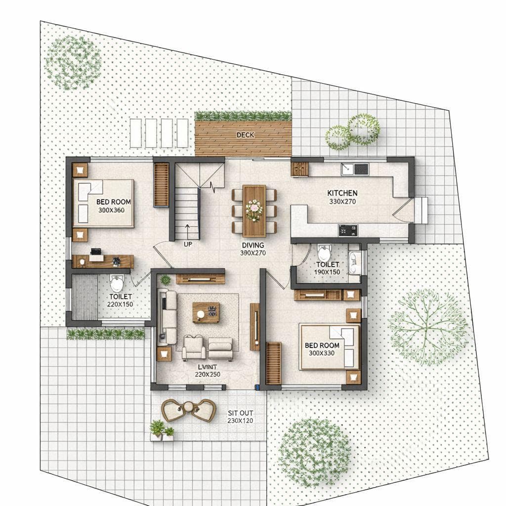 Ground floor plan with two bedrooms, living, dining, kitchen, and a deck