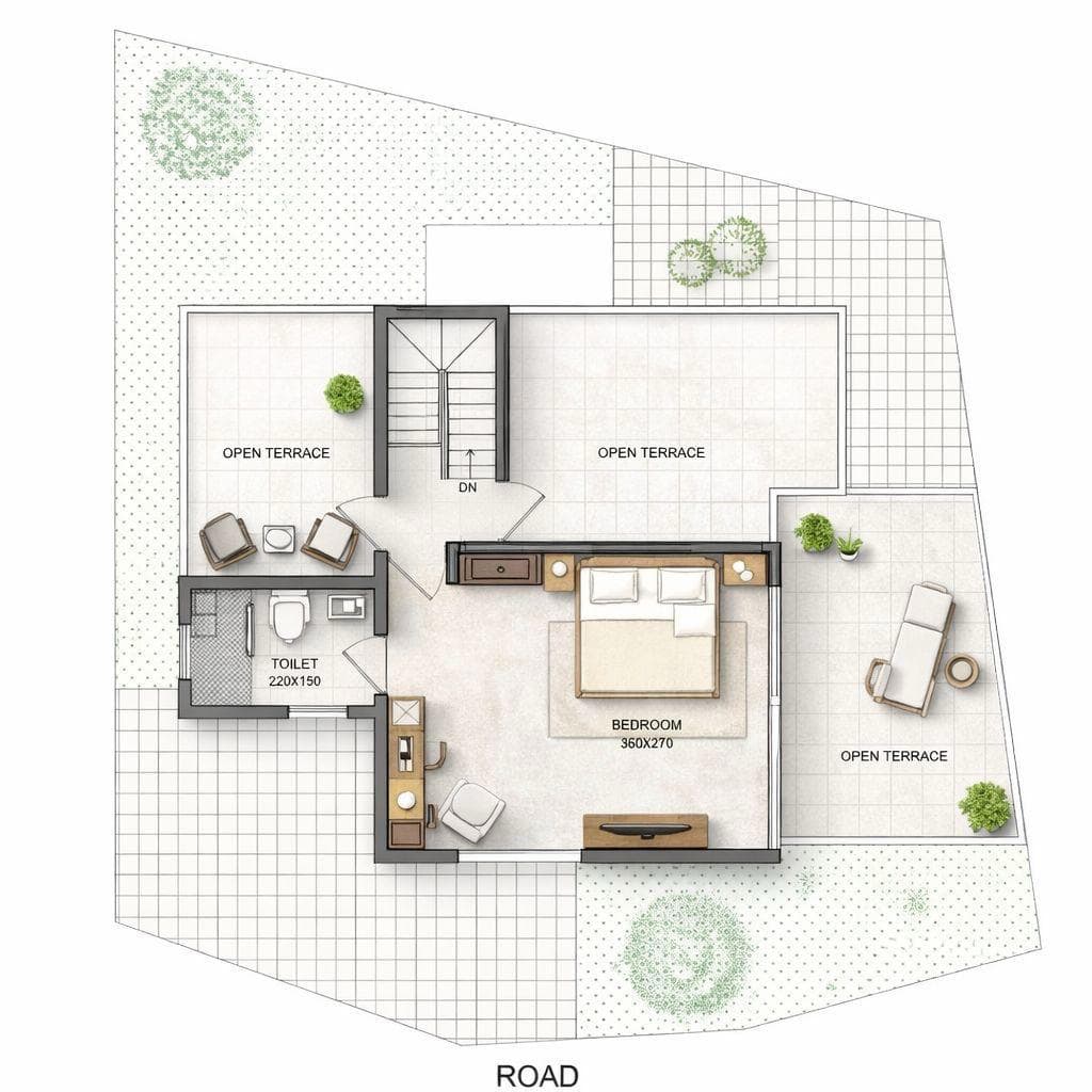 Upper floor plan with a bedroom, toilet, and open terraces