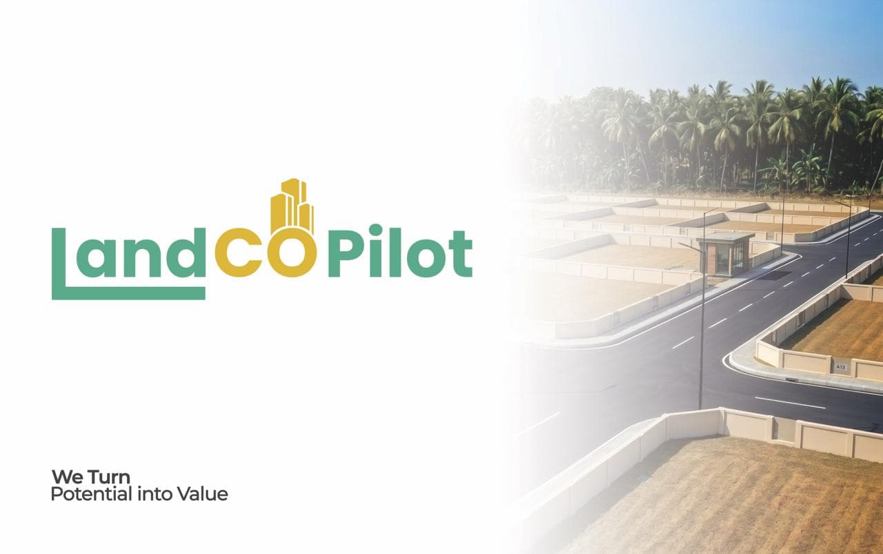 An aerial view of plotted land with roads and palm trees