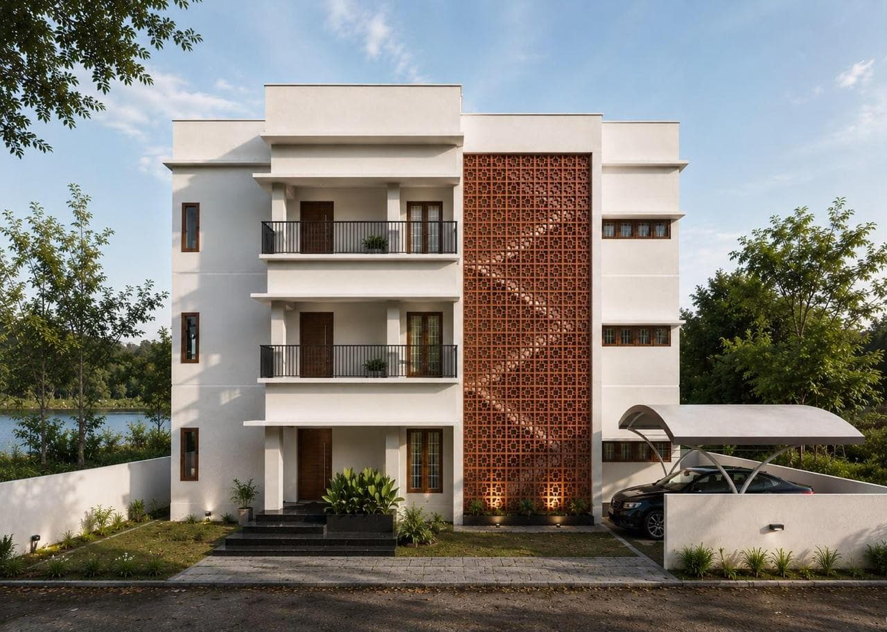 A white three-storey house with a timber screen and a carport