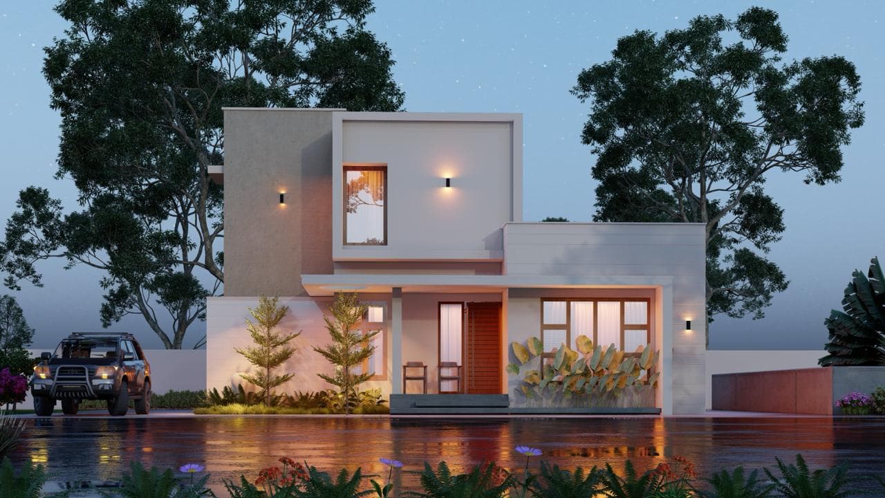 A villa in the evening, with the porch lights on