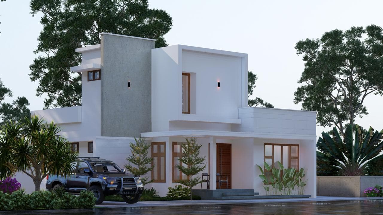 A white two-storey villa with a wooden front door